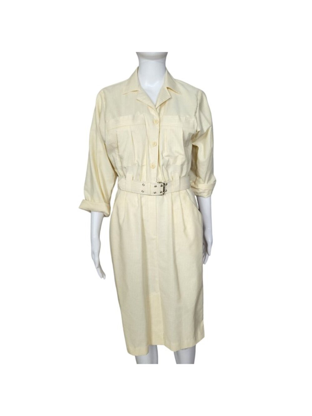 Taurus II Womens Belted Yellow Striped Button-Up Midi Dress Size 8